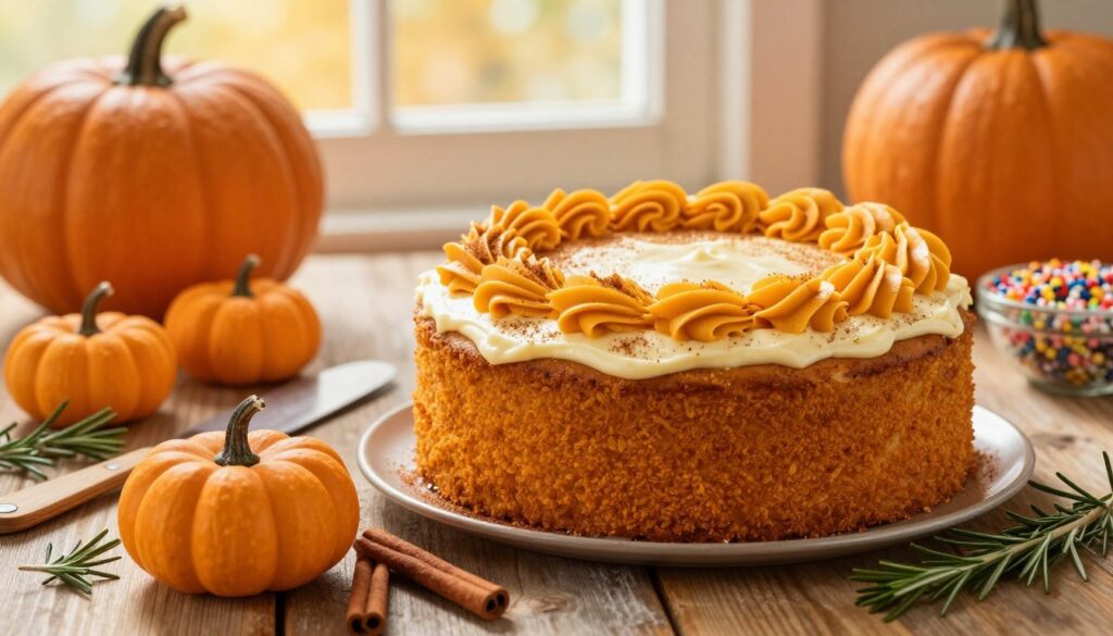 A beautifully decorated pumpkin cake sits prominently on a rustic wooden tabletop, showcasing its rich orange hue and creamy cream cheese frosting. In the foreground, a variety of festive decorations are scattered, including small ceramic pumpkins, cinnamon sticks, and sprigs of fresh rosemary, adding a warm, autumnal feel. The middle of the scene features the cake adorned with intricate piping designs and a light dusting of cinnamon, hinting at customization options, while a spatula and a bowl of sprinkles are nearby, emphasizing the theme of personalization. In the background, soft, golden light filters through a window, creating a cozy and inviting atmosphere. The composition captures a moment of creativity and fun in home baking, evoking a sense of warmth and celebration.