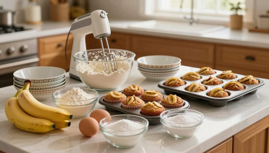 A beautifully organized kitchen countertop displays the step-by-step baking process of banana bread muffins. In the foreground, clear glass bowls contain ripe bananas, flour, sugar, eggs, and baking soda, arranged methodically. The middle ground features a mixing bowl with a hand mixer, attractively patterned dishware, and a banana muffin tin ready to be filled. The background showcases a warm-colored kitchen with wooden cabinets and a soft-focus window letting in natural light, casting gentle shadows. The overall atmosphere is inviting and cozy, evoking a sense of home baking. The image uses soft, diffused lighting for a warm feel, with a slight overhead angle to capture all elements harmoniously. The scene must not contain any text or watermarks, focusing solely on the baking process.