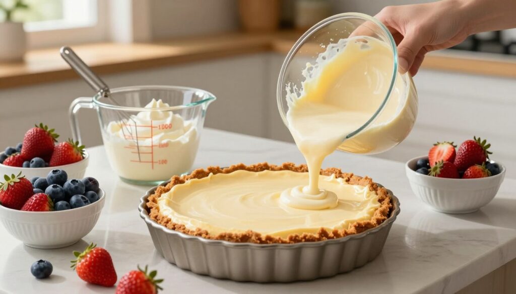 A beautifully organized kitchen countertop featuring a step-by-step cheesecake assembly process. In the foreground, a creamy Philadelphia cheesecake mix is being poured into a handmade graham cracker crust, with a spatula skillfully smoothing the surface. Surrounding the cheesecake are decorative bowls filled with fresh berries, like strawberries and blueberries, adding vibrant color. In the middle ground, a measuring cup and a whisk hint at the preparation process, with a small bowl of whipped cream ready to be dolloped on top. The background showcases a warm, inviting kitchen with soft, natural lighting streaming through a window, creating a cozy atmosphere. The overall mood is cheerful and inviting, perfect for an easy, no-bake cheesecake. A beautifully organized kitchen countertop featuring a step-by-step cheesecake assembly process. In the foreground, a creamy Philadelphia cheesecake mix is being poured into a handmade graham cracker crust, with a spatula skillfully smoothing the surface. Surrounding the cheesecake are decorative bowls filled with fresh berries, like strawberries and blueberries, adding vibrant color. In the middle ground, a measuring cup and a whisk hint at the preparation process, with a small bowl of whipped cream ready to be dolloped on top. The background showcases a warm, inviting kitchen with soft, natural lighting streaming through a window, creating a cozy atmosphere. The overall mood is cheerful and inviting, perfect for an easy, no-bake cheesecake.