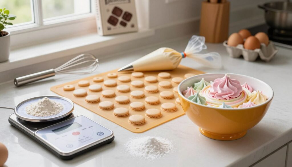 A beautifully organized kitchen countertop featuring an array of essential tools for making French macarons. In the foreground, focus on a precision scale measuring almond flour and powdered sugar, alongside a vibrant mixing bowl filled with colorful pastel meringue. The middle ground showcases a silicone macaron mat with perfect circles, a piping bag with a smooth tip ready for use, and a whisk elegantly positioned. In the background, soft natural light streams through a window, highlighting a decorative cookbook and fresh ingredients like eggs and chocolate. The atmosphere is warm and inviting, evoking a sense of culinary creativity and precision. The overall composition is well-balanced, with a shallow depth of field to bring attention to the macarons and tools while softly blurring the background.