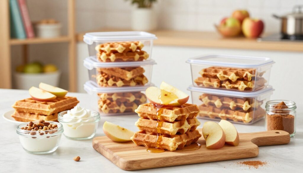 A beautifully organized meal prep scene showcasing an array of perfectly stacked, golden-brown apple waffles, garnished with fresh apple slices and a drizzle of maple syrup. The foreground features a wooden cutting board holding a few waffles, accompanied by small glass containers filled with various toppings like whipped cream, nuts, and cinnamon. In the middle, a stylish kitchen setting with bright, natural lighting enhances the inviting atmosphere, alongside neatly labeled storage containers filled with waffles ready for freezing. The background includes soft-focus elements of a well-stocked kitchen shelf, with cookbooks and fruit bowls, suggesting a warm and cozy breakfast environment. The image captures a sense of preparation and care, perfectly suited for waffle lovers.