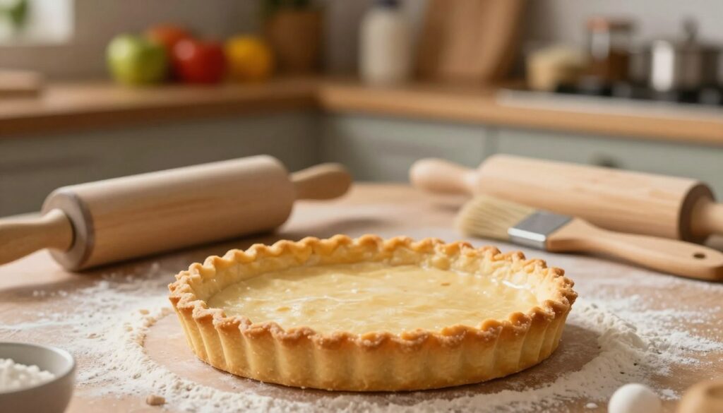 A beautifully prepared tart crust sits prominently in the foreground, showcasing its golden-brown color and flaky texture. The crust is neatly crimped along the edges, hinting at perfect baking skill. In the middle ground, an assortment of professional baking tools is artistically arranged: a rolling pin, a pastry brush, and a flour-dusted work surface, all illuminated by warm, soft lighting that evokes a cozy kitchen atmosphere. The background features blurred shelves filled with colorful ingredients and baking essentials, softly out of focus to keep the focus on the tart crust. The overall mood is inviting and warm, inviting viewers into the world of home baking while emphasizing the importance of using the right equipment for professional results. A beautifully prepared tart crust sits prominently in the foreground, showcasing its golden-brown color and flaky texture. The crust is neatly crimped along the edges, hinting at perfect baking skill. In the middle ground, an assortment of professional baking tools is artistically arranged: a rolling pin, a pastry brush, and a flour-dusted work surface, all illuminated by warm, soft lighting that evokes a cozy kitchen atmosphere. The background features blurred shelves filled with colorful ingredients and baking essentials, softly out of focus to keep the focus on the tart crust. The overall mood is inviting and warm, inviting viewers into the world of home baking while emphasizing the importance of using the right equipment for professional results.