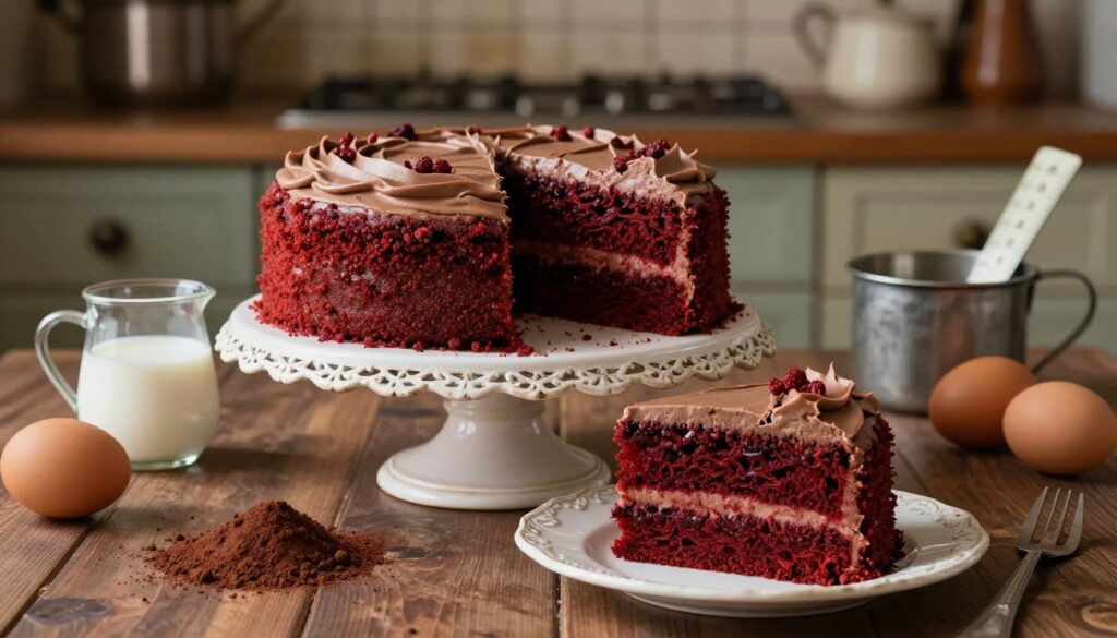 A beautifully presented red velvet cake on an ornate vintage cake stand, surrounded by fresh ingredients like cocoa powder, buttermilk, and eggs, symbolizing its historical origins. The foreground showcases a perfectly sliced piece of the cake, revealing its rich layers and creamy chocolate frosting. In the middle ground, vintage measuring cups and baking utensils evoke a sense of traditional preparation. The background features an old-fashioned kitchen setting with warm, soft lighting, creating a nostalgic atmosphere. Use a shallow depth of field to emphasize the cake while softly blurring the background. The mood is cozy and inviting, conveying the evolution of this beloved dessert through time. The overall color palette should emphasize deep reds and warm browns, capturing the essence of red velvet cake.