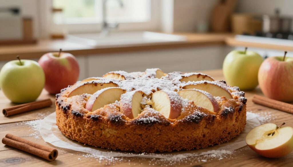 A beautifully staged homemade apple cake sits in the foreground, showcasing its golden-brown color and inviting crust, adorned with a light dusting of powdered sugar. Juicy apple slices peek through the cake, hinting at a moist interior. In the middle, a rustic wooden table enhances the warm, comforting feel of a home kitchen. Surrounding the cake, there are fresh apples and cinnamon sticks, suggesting the delightful ingredients used in the baking process. In the background, soft, natural light filters through a window, illuminating a cozy kitchen environment with flour and baking tools subtly arranged. The overall atmosphere is warm and inviting, evoking the nostalgic comfort of homemade treats and the joy of sharing them with loved ones.