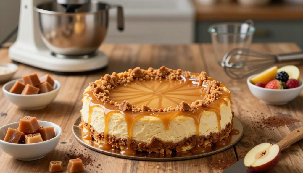 A beautifully styled cheesecake sitting on a rustic wooden table, showcasing a caramel crunch topping drizzled artfully with golden caramel sauce. Surrounding the cheesecake are various small bowls filled with expert finishing ingredients: crushed caramel candies, fresh fruit, and a light dusting of cocoa powder. In the background, softly blurred kitchen elements like a stand mixer, measuring cups, and a whisk hint at a cozy baking environment. The lighting is warm and inviting, casting soft shadows that enhance the textures of the cheesecake and toppings. Capture the image from a slightly elevated angle, focusing on the cake at the forefront, creating an atmosphere of creativity and culinary expertise. The scene exudes a sense of warmth and delicious temptation, inviting viewers to explore cheesecake-making tips.