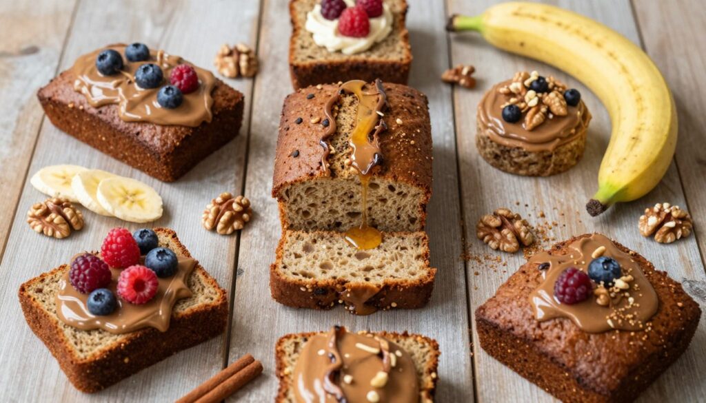 A beautifully styled flat lay of a variety of vegan banana bread creations, featuring a classic loaf surrounded by creative variations. Include slices topped with fresh berries, nut butters, and a drizzle of maple syrup. Place decorative elements like walnuts, tiny banana slices, and a sprinkle of cinnamon nearby. The background should be a rustic wooden table with soft, natural lighting that creates a warm, inviting atmosphere. A focus on textures—show the moist interior of the bread and the glossy toppings. Use a shallow depth of field to softly blur the edges, emphasizing the delicious main dish at the center. Capture this scene from a bird's-eye view angle, ensuring all elements feel harmonious and aesthetically pleasing. A beautifully styled flat lay of a variety of vegan banana bread creations, featuring a classic loaf surrounded by creative variations. Include slices topped with fresh berries, nut butters, and a drizzle of maple syrup. Place decorative elements like walnuts, tiny banana slices, and a sprinkle of cinnamon nearby. The background should be a rustic wooden table with soft, natural lighting that creates a warm, inviting atmosphere. A focus on textures—show the moist interior of the bread and the glossy toppings. Use a shallow depth of field to softly blur the edges, emphasizing the delicious main dish at the center. Capture this scene from a bird's-eye view angle, ensuring all elements feel harmonious and aesthetically pleasing.