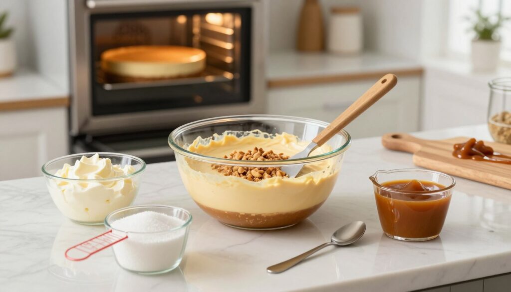 A beautifully styled kitchen counter showcasing the step-by-step process of making caramel crunch cheesecake. In the foreground, several ingredients like cream cheese, sugar, and caramel sauce are arranged attractively, with measuring cups and spoons. In the middle, a mixing bowl with a creamy cheesecake batter, a spatula resting on the rim, and a partially crushed nut topping for the crunch. The background features a softly blurred view of a warm oven with a cheesecake baking, and decorative elements like a wooden cutting board and fresh caramel drizzle. Soft, natural lighting filters through a nearby window, creating an inviting and cozy atmosphere, while the composition captures an organized and instructional vibe, ideal for illustrating a cooking guide.