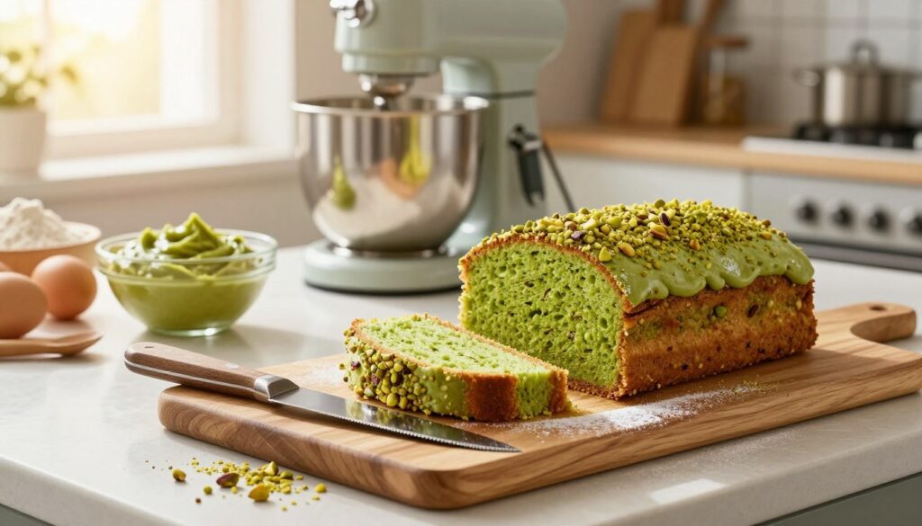 A beautifully styled kitchen countertop featuring a luscious pistachio cake sliced open to reveal its fluffy, moist interior. In the foreground, a wooden cutting board displays a cake knife, with a scattering of crushed pistachios and a dusting of powdered sugar. In the middle, a stand mixer is surrounded by baking ingredients such as flour, eggs, and a bowl filled with vibrant green pistachio paste. The background showcases warm sunlight streaming through a window, casting a soft glow on the kitchen, emphasizing a cozy, inviting atmosphere. The overall mood is bright and cheerful, evoking the joy of baking. The image is captured with a slightly tilted angle to create visual interest, emphasizing the beauty of the cake and the tools of baking.