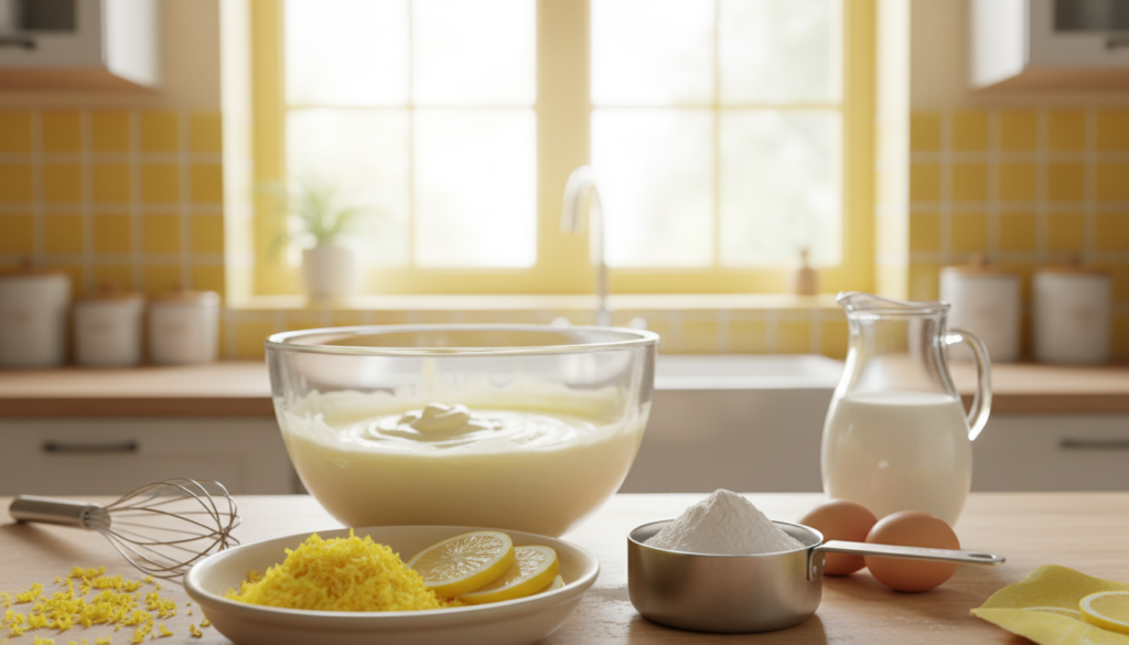 A beautifully styled kitchen countertop, featuring an assortment of baking ingredients for a moist lemon cake. In the foreground, a bowl of vibrant lemon zest and fresh lemon slices, alongside a measuring cup of gluten-free flour and a whisk. The middle ground includes a mixing bowl where a fluffy cake batter is being prepared, with a few eggs and a jug of milk next to it. In the background, a sunny window lets in warm, natural light, highlighting the cheerful yellow accents of the kitchen. The atmosphere is inviting and cheerful, evoking a sense of creativity in baking. Soft focus on the background to keep the attention on the baking tips, with a shallow depth of field. No text or overlays. A beautifully styled kitchen countertop, featuring an assortment of baking ingredients for a moist lemon cake. In the foreground, a bowl of vibrant lemon zest and fresh lemon slices, alongside a measuring cup of gluten-free flour and a whisk. The middle ground includes a mixing bowl where a fluffy cake batter is being prepared, with a few eggs and a jug of milk next to it. In the background, a sunny window lets in warm, natural light, highlighting the cheerful yellow accents of the kitchen. The atmosphere is inviting and cheerful, evoking a sense of creativity in baking. Soft focus on the background to keep the attention on the baking tips, with a shallow depth of field. No text or overlays.