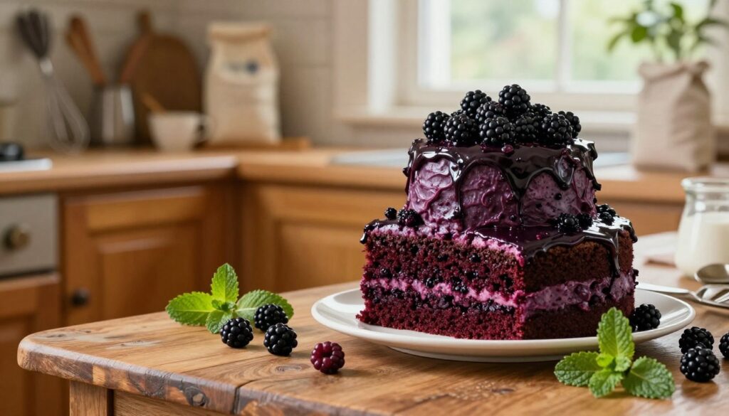 A beautifully styled kitchen scene focused on a sumptuous two-tiered blackberry velvet cake, showcasing moist layers, glistening with rich blackberry frosting. In the foreground, a vintage wooden table features a slice of the cake, revealing its tender, velvety interior. Surrounding the cake are scattered fresh blackberries and sprigs of mint, adding a vibrant touch. The middle layer features a view of kitchen tools like a whisk, measuring cups, and flour bags, indicative of the baking process. The background, softly blurred, includes warm wooden cabinets and a window allowing gentle, diffused natural light to pour in, creating a cozy atmosphere. The overall mood is inviting and warm, inspiring the viewer to want to bake. The image is candid and homely, without any text or overlays.