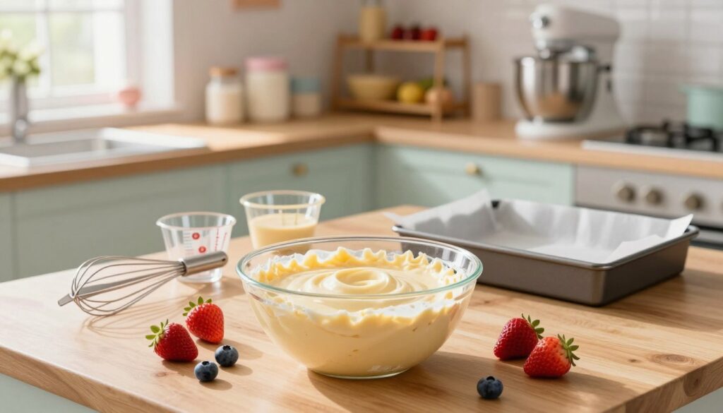A beautifully styled kitchen scene focused on baking techniques for soft, moist cake layers. In the foreground, a wooden countertop showcases a mixing bowl filled with creamy vanilla cake batter, surrounded by fresh berries like strawberries and blueberries. The middle ground features a vibrant assortment of baking tools: a whisk, measuring cups, and a parchment paper-lined baking pan. Soft, warm natural light streams in from a window, creating gentle highlights on the surfaces and casting a cozy atmosphere. In the background, an inviting kitchen setup with pastel-colored decor, including a stand mixer and a shelf lined with ingredients. The overall mood is cheerful and inspiring, emphasizing the joy of baking.
