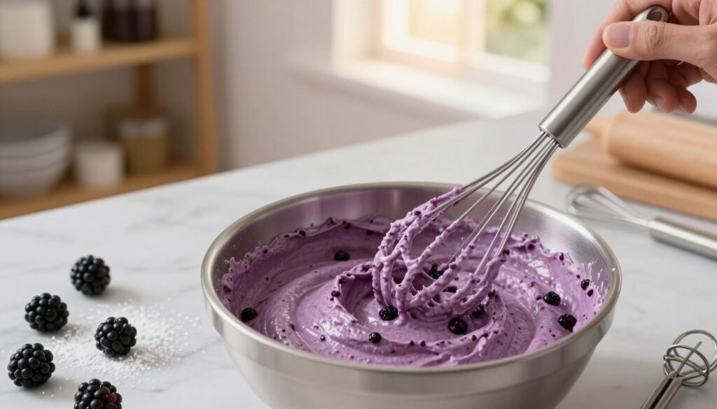 A beautifully styled kitchen scene focused on creating luxurious blackberry frosting. In the foreground, a mixing bowl is filled with creamy, vibrant purple frosting, flecked with real blackberry pieces, accompanied by a stainless steel whisk glistening with frosting. In the middle, a marble countertop is adorned with fresh blackberries, powdered sugar, and elegant pastry tools. The background shows soft-focus shelves filled with baking essentials and a window letting in warm, natural light, casting a gentle glow across the scene. The overall mood is inviting and indulgent, emphasizing creativity and the art of baking. The image should capture an overhead angle that highlights the mixing process, showcasing the texture and richness of the frosting.