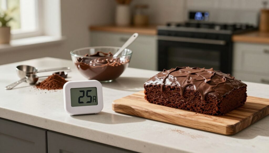 A beautifully styled kitchen scene with a focus on a baking counter covered in rich, glossy chocolate batter, with a flourless chocolate cake elegantly resting on a rustic wooden cutting board. In the foreground, a digital timer displays the baking time of 25 minutes. The middle ground features measuring spoons and a mixing bowl, highlighting vibrant ingredients like cocoa powder and melted chocolate, with a slight sheen to emphasize freshness. Soft, warm lighting from a nearby window casts gentle shadows, creating a cozy and inviting atmosphere. In the background, a wall-mounted oven with the temperature set to 350°F adds a touch of realism. The overall mood is warm and homely, ideal for a comforting baking experience in the heart of a modern kitchen.