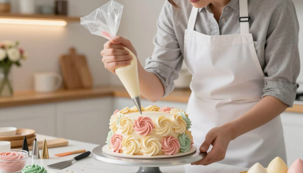 A beautifully styled kitchen workspace featuring a pastry chef expertly demonstrating piping techniques for rosettes on a cake. In the foreground, a close-up view of the chef’s hands gracefully holding a piping bag, skillfully creating delicate, intricate rosettes in soft pastel colors. The middle ground showcases a semi-finished two-tier cake adorned with elegant rosettes, surrounded by various cake decorating tools like piping tips and spatulas. The background reveals a softly lit kitchen with warm lighting, wooden shelves filled with baking supplies, and a hint of fresh flowers. The atmosphere is inviting and creative, capturing the essence of professional baking. The chef is dressed in a crisp white apron over modest casual clothing, ensuring a professional yet approachable look. Ensure the scene is bright, with a focus on texture and detail in the cake and piping techniques.