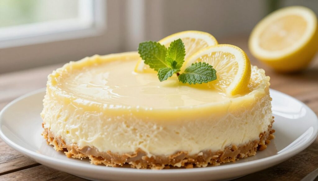 A beautifully styled lemon cheesecake showcasing a classic zesty filling, presented on a white porcelain plate. The cheesecake is garnished with bright lemon slices and fresh mint leaves, highlighting its refreshing flavor. The foreground features a close-up view of the creamy, smooth texture of the filling, with a glistening sheen that suggests it's freshly made. In the background, soft, natural lighting filters in through a window, creating a warm and inviting atmosphere. A hint of a rustic wooden table enhances the cozy mood. Utilize a shallow depth of field to softly blur the background, keeping the focus on the cheesecake. Capture the image from a slightly elevated angle, enhancing the visual appeal of this delightful dessert.
