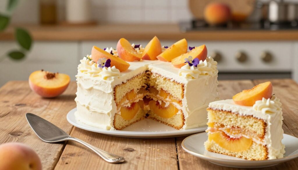 A beautifully styled overview of a peach vanilla cake, placed on a rustic wooden table. The cake features layers of moist vanilla sponge meticulously filled with ripe peach slices, adorned with fluffy vanilla frosting and garnished with fresh peach wedges and delicate edible flowers. In the foreground, a silver cake server and a slice of cake on a delicate plate invite the viewer to dive in. In the middle, soft natural light bathes the cake, highlighting its golden hues and the creamy frosting. In the background, a softly blurred kitchen setting with warm tones and a hint of greenery creates a cozy atmosphere. The composition should evoke a sense of warmth and comfort, perfect for a delightful dessert.