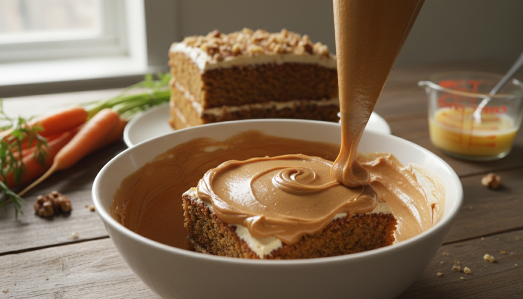 A beautifully styled, scrumptious bowl of creamy brown butter frosting, featuring a rich, caramel-colored swirl. In the foreground, the frosting is artfully piped onto layers of homemade carrot cake, showcasing its velvety texture and glossy sheen. The middle ground highlights the cake adorned with finely chopped walnuts and a sprinkle of cinnamon, hinting at the flavors within. Soft, natural lighting casts gentle shadows, enhancing the frosting's luxurious look. In the background, a rustic wooden table is adorned with fresh carrots and a measuring cup of brown butter, creating a warm, inviting atmosphere that emphasizes the homemade aspect. The image captures a cozy kitchen ambiance, inviting viewers to experience the delightful process of making carrot cake with brown butter frosting. A beautifully styled, scrumptious bowl of creamy brown butter frosting, featuring a rich, caramel-colored swirl. In the foreground, the frosting is artfully piped onto layers of homemade carrot cake, showcasing its velvety texture and glossy sheen. The middle ground highlights the cake adorned with finely chopped walnuts and a sprinkle of cinnamon, hinting at the flavors within. Soft, natural lighting casts gentle shadows, enhancing the frosting's luxurious look. In the background, a rustic wooden table is adorned with fresh carrots and a measuring cup of brown butter, creating a warm, inviting atmosphere that emphasizes the homemade aspect. The image captures a cozy kitchen ambiance, inviting viewers to experience the delightful process of making carrot cake with brown butter frosting.