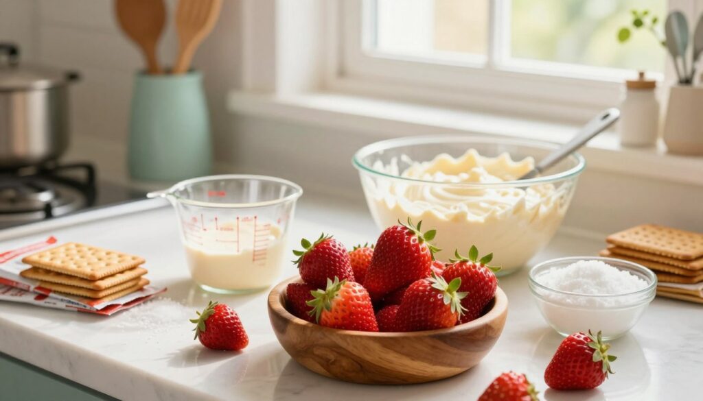 A bright, inviting kitchen counter filled with essential ingredients for a homemade strawberry icebox cake. In the foreground, vibrant, ripe strawberries are placed in a rustic wooden bowl, surrounded by fresh cream, sugar, and packages of graham crackers. In the middle, there are measuring cups and a mixing bowl with a creamy filling. The background features soft pastel-colored kitchen utensils and a sunny window letting in warm, natural light, creating a cozy atmosphere. The angle is slightly above eye level, showcasing the textures of the ingredients with a shallow depth of field that keeps the focus on the vibrant strawberries and creamy filling, evoking feelings of summer and nostalgia.