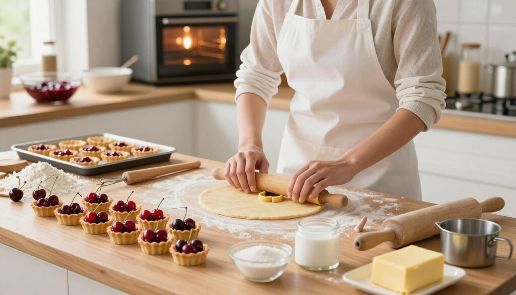 A bright, inviting kitchen scene capturing the step-by-step baking process of cherry pie mini tarts. In the foreground, a wooden countertop displays neatly arranged ingredients: fresh cherries, flour, sugar, and butter, along with baking tools like measuring cups and a rolling pin. In the middle, a hands-on action shot shows a baker in a crisp white apron, focused intently on rolling out dough and cutting it into perfect circles. The background features a warm oven glowing softly, surrounded by baking sheets lined with mini tart shells and a bowl filled with cherry filling. Soft, natural light streams through a nearby window, creating a cozy, homely atmosphere. The overall mood is cheerful and inspiring, showcasing the joy of baking.