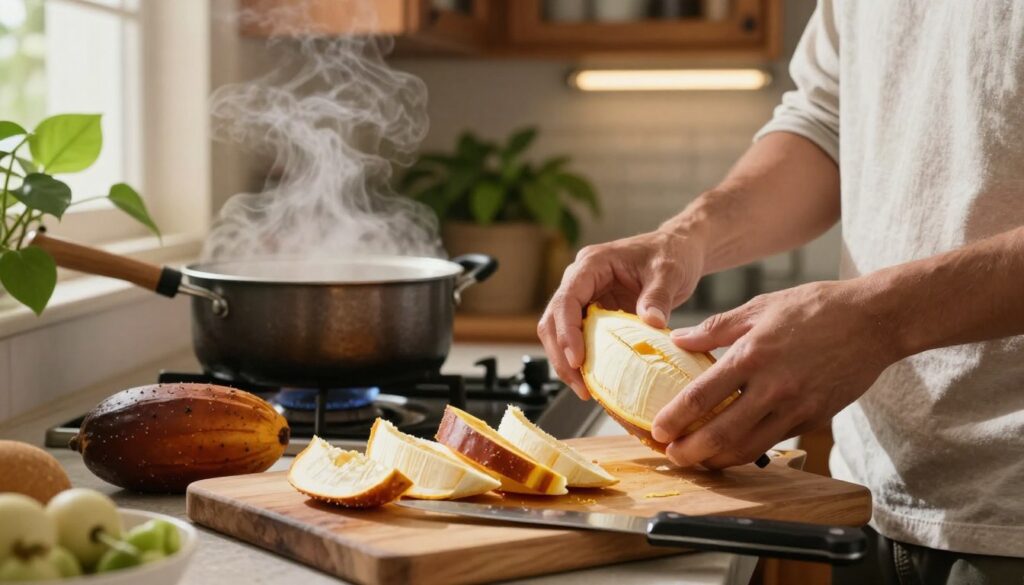 A bright, inviting kitchen scene, showcasing the process of preparing breadfruit. In the foreground, a wooden cutting board is filled with freshly peeled and cut breadfruit pieces, their creamy white flesh contrasting against the dark brown skin. A sharp knife rests nearby. In the middle ground, a cooking pot filled with boiling water is positioned on a stovetop, steam rising gently into the air. To the right, a person dressed in a modest casual shirt is meticulously peeling another breadfruit, with a look of concentration. The kitchen is warmly lit by overhead lights, creating a homey atmosphere with rustic wooden cabinets and vibrant green plants in the background, enhancing the domestic vibe of preparing a delicious home-cooked meal.