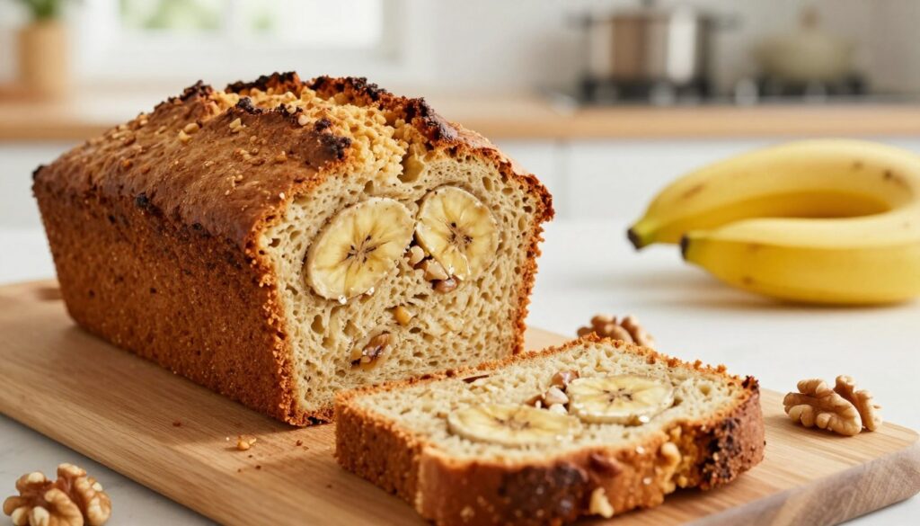 A close-up image of an inviting loaf of perfectly baked vegan banana nut bread, showcasing its soft, moist interior and golden-brown crust. The foreground features a slice of the bread with a delicate crumb structure, revealing the banana and walnut pieces nestled within. In the middle, a wooden cutting board holds the loaf, accompanied by scattered chopped walnuts and a few ripe bananas for context. The background features a bright, airy kitchen with soft natural light streaming in through a window, enhancing the warm tones of the bread. The atmosphere is cozy and inviting, perfect for a baking setting. The image should be captured with a shallow depth of field to emphasize the texture details of the banana bread while keeping the background slightly blurred. A close-up image of an inviting loaf of perfectly baked vegan banana nut bread, showcasing its soft, moist interior and golden-brown crust. The foreground features a slice of the bread with a delicate crumb structure, revealing the banana and walnut pieces nestled within. In the middle, a wooden cutting board holds the loaf, accompanied by scattered chopped walnuts and a few ripe bananas for context. The background features a bright, airy kitchen with soft natural light streaming in through a window, enhancing the warm tones of the bread. The atmosphere is cozy and inviting, perfect for a baking setting. The image should be captured with a shallow depth of field to emphasize the texture details of the banana bread while keeping the background slightly blurred.