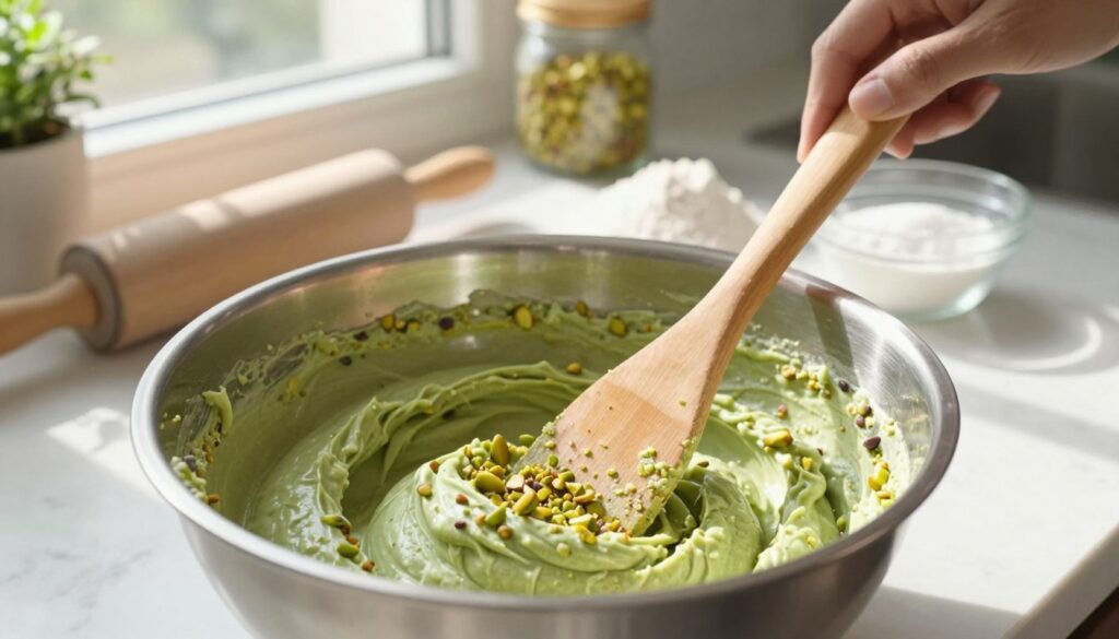 A close-up scene of mixing pistachio cake batter in a stainless steel bowl, with a wooden spatula stirring the vibrant green mixture. In the foreground, the batter is shown with visible pieces of crushed pistachios, blending smoothly with a creamy consistency. The middle ground features a rolling pin and a few scattered baking ingredients like flour and sugar on a marble countertop. Soft, natural light is streaming in from a window, casting a warm glow and gentle shadows to create an inviting kitchen atmosphere. In the background, jars of baking ingredients and a potted plant add to the homely feel. The mood is cheerful and cozy, perfect for creating a delicious treat.