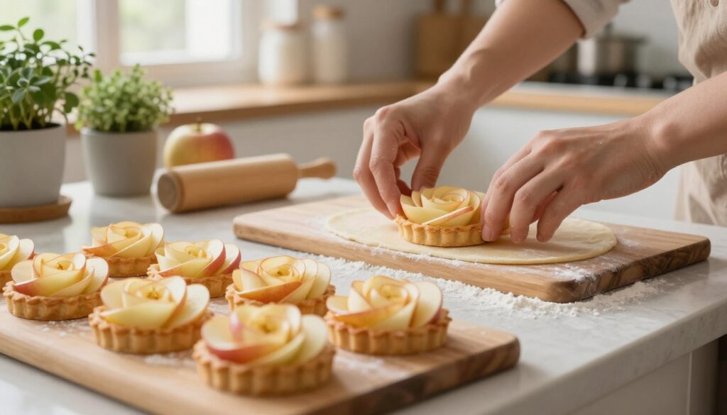 A close-up view of a beautifully arranged kitchen countertop featuring the process of creating puff pastry apple rose tarts. In the foreground, delicate thinly sliced apples are artistically layered, resembling rose petals, while a rolled out puff pastry dough is placed on a wooden cutting board. The middle ground showcases hands gently shaping the apple slices into a rosette, with flour dust sprinkled around. In the background, warm, inviting kitchen elements like herbs in pots and a soft-focus oven can be seen, illuminated by natural light streaming in from a window. The color palette emphasizes warm tones, evoking a cozy, inviting atmosphere, perfect for baking. Use a soft focus on the background to highlight the culinary creation in the foreground.