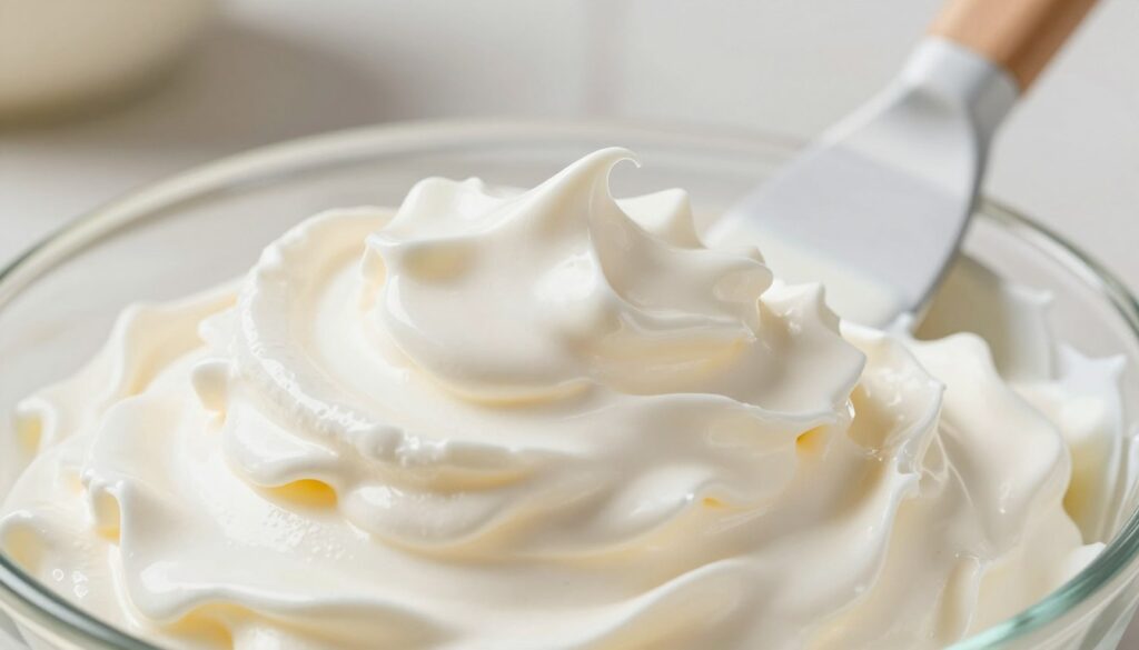 A close-up view of a bowl filled with perfectly whipped cream, showcasing a silky, fluffy texture that glistens under soft, diffused natural light. The foreground features smooth, peaks of cream forming delicate swirls, with the sheen highlighting the light and airy quality. In the middle ground, a spatula gently rests against the bowl, decorated with drips of cream, emphasizing the rich and enticing consistency. The background is softly blurred, featuring hints of a kitchen countertop with pastel colors, enhancing the inviting atmosphere. The overall mood conveys a sense of comfort and indulgence, perfect for a culinary masterpiece. The image captures the essential quality of whipped cream ideal for dessert, focusing on texture and allure.