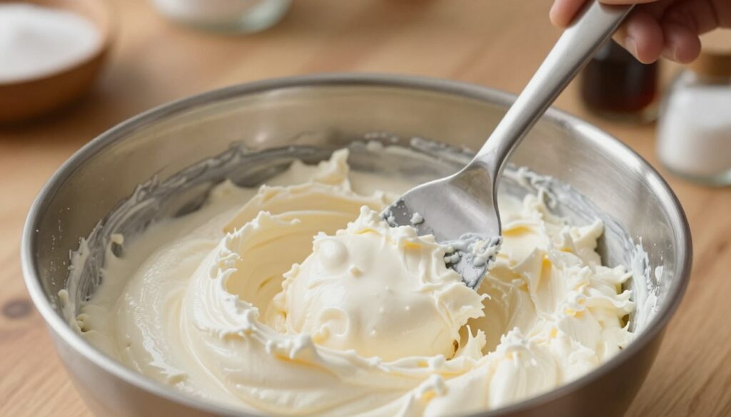 A close-up view of a creamy mixture of softened cream cheese in a stainless steel mixing bowl, with a spatula gently folding in ingredients. The foreground features the textured surface of the cream cheese, showcasing its smoothness and sheen under soft, natural lighting, suggesting a cozy kitchen ambiance. The background features a rustic wooden kitchen countertop, soft focus with blurred small kitchen utensils and ingredients like sugar and vanilla extract, creating a warm, inviting atmosphere. Use a depth of field effect to emphasize the bowl while keeping the background subtly out of focus, allowing the creamy texture to be the centerpiece. The overall mood should be relaxed and homely, evoking a sense of comfort and culinary creativity. A close-up view of a creamy mixture of softened cream cheese in a stainless steel mixing bowl, with a spatula gently folding in ingredients. The foreground features the textured surface of the cream cheese, showcasing its smoothness and sheen under soft, natural lighting, suggesting a cozy kitchen ambiance. The background features a rustic wooden kitchen countertop, soft focus with blurred small kitchen utensils and ingredients like sugar and vanilla extract, creating a warm, inviting atmosphere. Use a depth of field effect to emphasize the bowl while keeping the background subtly out of focus, allowing the creamy texture to be the centerpiece. The overall mood should be relaxed and homely, evoking a sense of comfort and culinary creativity.