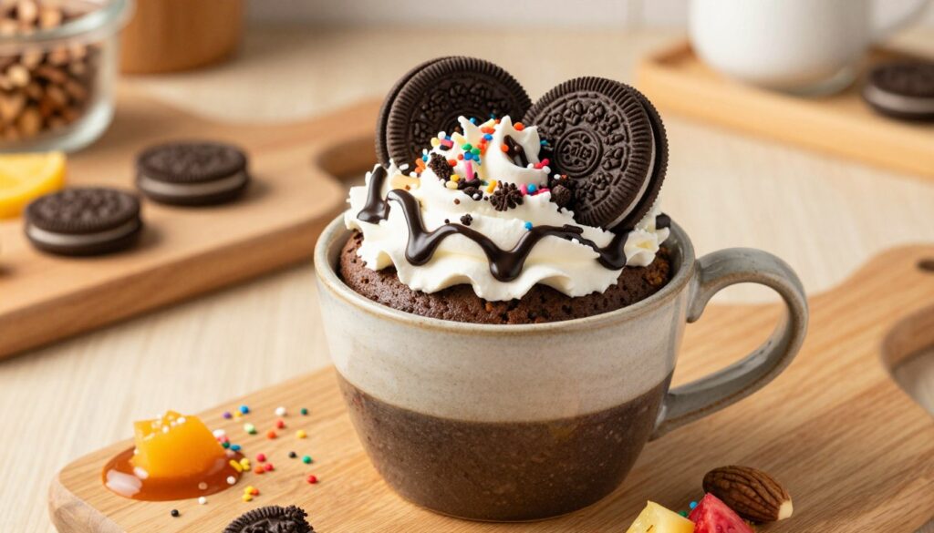 A close-up view of a decadent Oreo mug cake, topped with various creative garnishes. In the foreground, showcase the mug cake in a charming ceramic mug, richly layered with crumbled Oreo cookies, whipped cream, and a drizzle of chocolate syrup. Surrounding the mug, a scattering of colorful sprinkles and dollops of various toppings like fruit, nuts, and caramel sauce create an inviting atmosphere. In the middle ground, smooth wooden surfaces evoke a cozy kitchen setting, with soft, natural lighting highlighting the rich textures of the cake. The background features subtle kitchen décor, such as a cutting board and a few scattered baking ingredients, enhancing the warm, homemade vibe. Capture the scene from a slightly elevated angle for a dynamic perspective.
