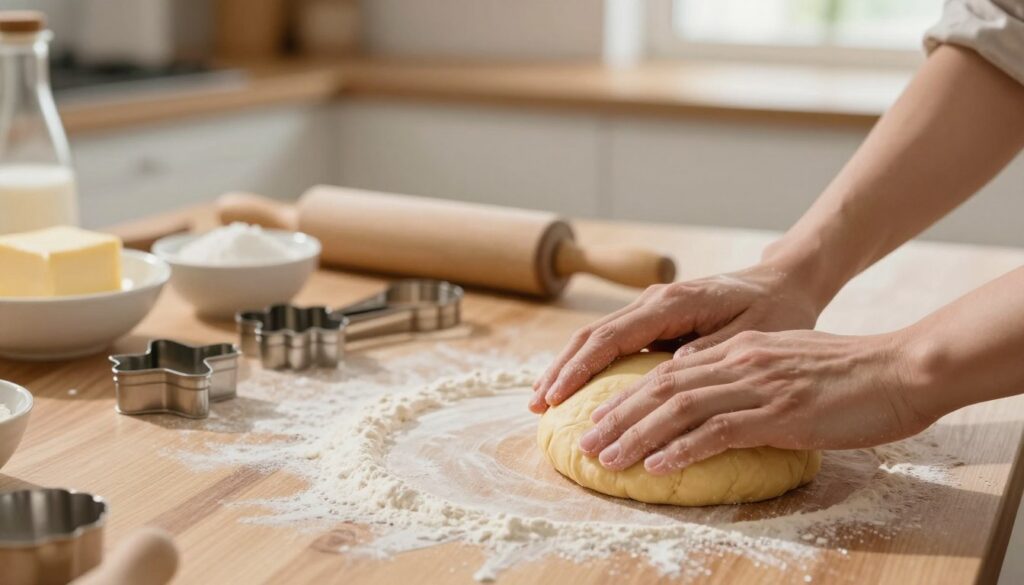A close-up view of a hands-on dough preparation technique, showcasing a pristine wooden countertop dusted with flour. In the foreground, a pair of hands skillfully kneading a smooth, golden dough with visible textures, demonstrating the artisan's technique. In the middle, a beautifully arranged array of kitchen tools, including a rolling pin and pastry cutters, along with a bowl holding fresh ingredients like butter and sugar. The background features a softly blurred kitchen setting with warm, natural light filtering through a nearby window, casting gentle shadows. The atmosphere is cozy and inviting, embodying a sense of creativity and warmth in the art of making tart shells. A close-up view of a hands-on dough preparation technique, showcasing a pristine wooden countertop dusted with flour. In the foreground, a pair of hands skillfully kneading a smooth, golden dough with visible textures, demonstrating the artisan's technique. In the middle, a beautifully arranged array of kitchen tools, including a rolling pin and pastry cutters, along with a bowl holding fresh ingredients like butter and sugar. The background features a softly blurred kitchen setting with warm, natural light filtering through a nearby window, casting gentle shadows. The atmosphere is cozy and inviting, embodying a sense of creativity and warmth in the art of making tart shells.