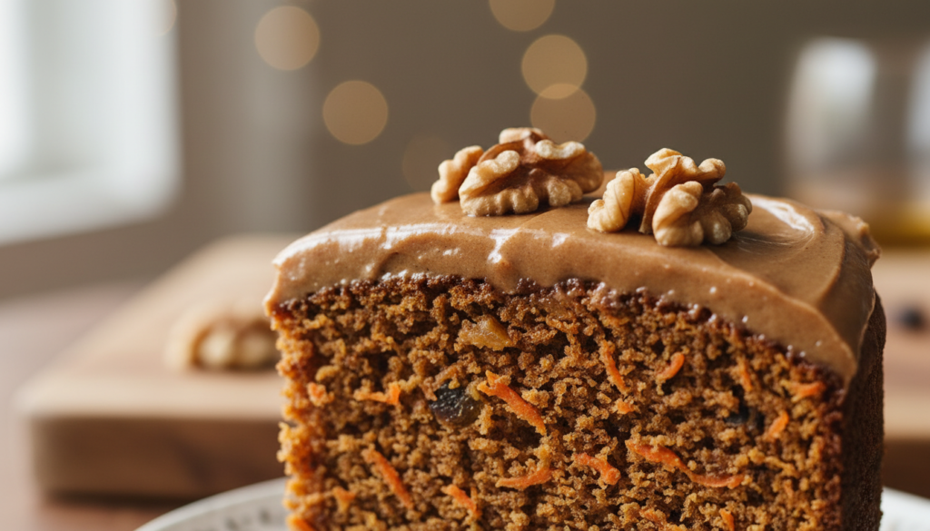 A close-up view of a slice of moist and tender carrot cake, showcasing its dense, soft crumb texture brimming with fine grated carrots and fragrant spices. The cake is topped with a glossy, creamy brown butter frosting that glistens under soft, natural lighting, enhancing its rich caramel tones. A few decorative walnut pieces are artfully placed on top, adding visual interest. The background is softly blurred to draw attention to the cake, with hints of a rustic wooden surface and a gentle bokeh effect from natural light filtering through a window. The mood is warm, inviting, and homely, suggesting the comfort of homemade treats. The image is free of any text or distractions. A close-up view of a slice of moist and tender carrot cake, showcasing its dense, soft crumb texture brimming with fine grated carrots and fragrant spices. The cake is topped with a glossy, creamy brown butter frosting that glistens under soft, natural lighting, enhancing its rich caramel tones. A few decorative walnut pieces are artfully placed on top, adding visual interest. The background is softly blurred to draw attention to the cake, with hints of a rustic wooden surface and a gentle bokeh effect from natural light filtering through a window. The mood is warm, inviting, and homely, suggesting the comfort of homemade treats. The image is free of any text or distractions.