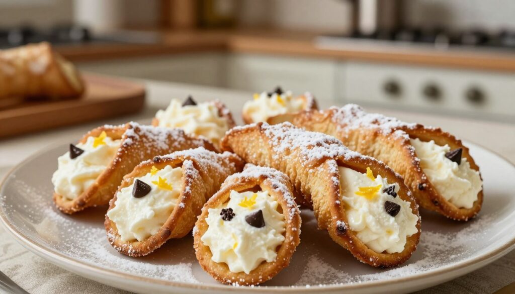A close-up view of an elegant plate featuring golden-brown cannoli shells, perfectly crispy and artfully arranged. Each shell is generously filled with a rich, creamy ricotta filling infused with vanilla, chocolate chips, and a hint of citrus zest, creating an enticing contrast. The texture of the shells is highlighted with a light dusting of powdered sugar, sparkling under soft, natural lighting that enhances the warmth of the dessert. In the background, an inviting blurred setting of a rustic Italian kitchen with wooden elements and soft, warm tones evokes a cozy, homey atmosphere. The composition captures the delightful essence of Italian pastry-making, inviting viewers to indulge in the deliciousness of cannoli.