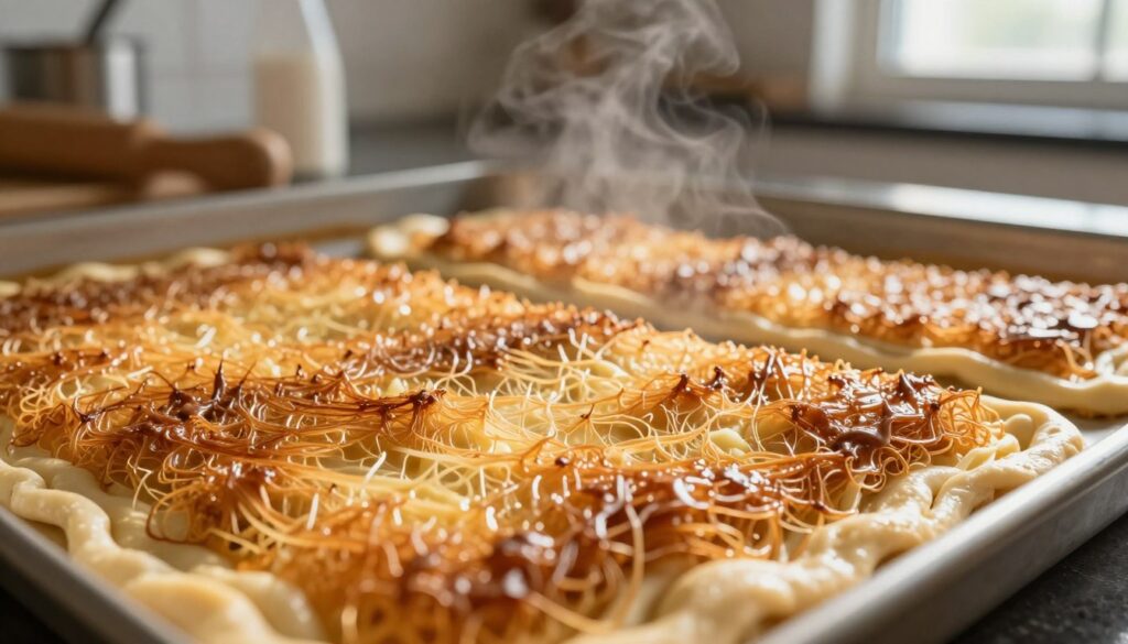 A close-up view of kunafa dough being toasted to a perfect golden brown color. In the foreground, the intricate, crispy strands of kunafa are glistening with a light sheen of butter, capturing a deliciously warm hue. The middle ground features a baking tray with delicate layers of the dough, showcasing its texture and crunchiness, while a subtle steam rises from the edges, hinting at the freshness. In the background, a softly lit kitchen setting is visible, with blurred kitchen utensils and ingredients to enhance the cooking ambiance. The scene is illuminated by natural light streaming in from a window, casting gentle shadows that evoke a cozy and inviting atmosphere, perfect for a culinary adventure. A close-up view of kunafa dough being toasted to a perfect golden brown color. In the foreground, the intricate, crispy strands of kunafa are glistening with a light sheen of butter, capturing a deliciously warm hue. The middle ground features a baking tray with delicate layers of the dough, showcasing its texture and crunchiness, while a subtle steam rises from the edges, hinting at the freshness. In the background, a softly lit kitchen setting is visible, with blurred kitchen utensils and ingredients to enhance the cooking ambiance. The scene is illuminated by natural light streaming in from a window, casting gentle shadows that evoke a cozy and inviting atmosphere, perfect for a culinary adventure.