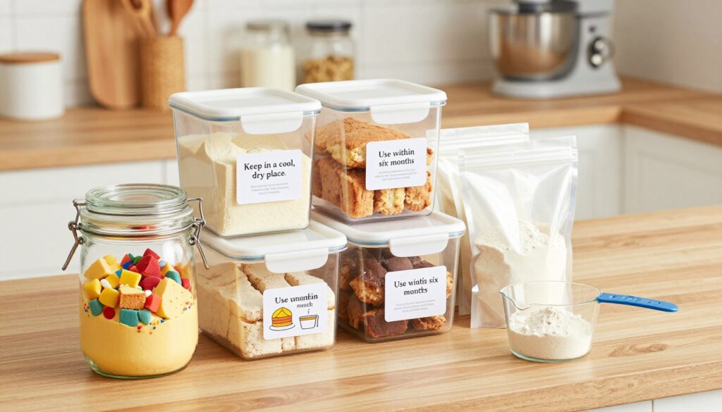 A cozy kitchen counter scene featuring various storage containers for cake mix, including airtight jars and resealable bags, neatly organized for easy access. In the foreground, a clear glass jar with a lid displays a colorful yellow cake mix, while beside it, a measuring cup is filled with flour. The middle ground includes neatly labeled containers showcasing tips like "Keep in a cool, dry place" and "Use within six months" illustrated as small cards. The background features softly blurred kitchen elements, such as a stand mixer and baking utensils. Bright, warm lighting creates an inviting atmosphere, emphasizing a sense of home and baking joy. Capture this from a slightly elevated angle to showcase all elements harmoniously.