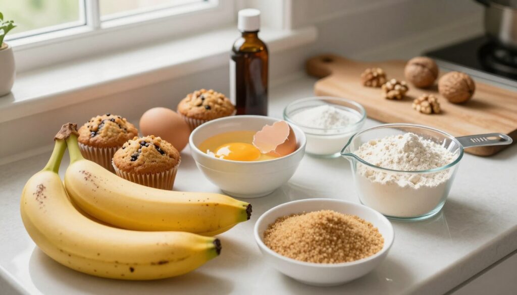 A cozy kitchen countertop showcasing a vibrant array of ingredients for banana bread muffins. In the foreground, focus on ripe, speckled bananas, a measuring cup filled with flour, and a dish overflowing with brown sugar. In the middle, place a bowl with cracked eggs, a bottle of vanilla extract, and a sprinkle of baking soda, all arranged neatly. The background features soft natural lighting streaming through a window, illuminating a wooden cutting board with a few scattered walnuts. Use a warm color palette to create a homey atmosphere. The angle should be slightly overhead, capturing the essence of a well-prepared baking scene, with hints of kitchen utensils subtly blurred in the edges for a soft aesthetic.
