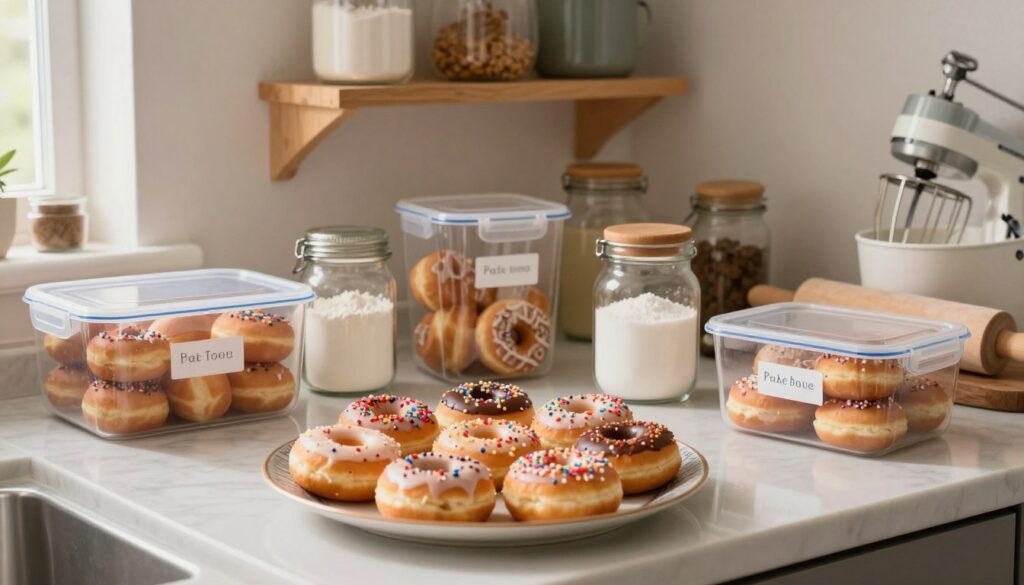 A cozy kitchen scene featuring a counter neatly organized for making homemade donuts. In the foreground, there are perfectly arranged donuts on a decorative plate, each topped with various glazes and sprinkles. In the middle, there are containers labeled for proper storage—some filled with donuts, while others hold flour, sugar, and spices in clear jars. The background showcases a wall-mounted shelf with an assortment of baking tools, such as a mixer and rolling pin. Soft, warm lighting highlights the comforting atmosphere, with a hint of natural light coming through a nearby window, creating a welcoming, homey feel. The scene emphasizes make-ahead strategies, showcasing both preparation and storage methods visually.
