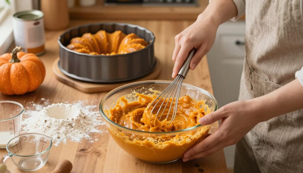 A cozy kitchen scene featuring a mixing bowl filled with cake mix and vibrant orange pumpkin puree, indicating the preparation of a pumpkin cake. In the foreground, a pair of hands in casual cooking attire are mixing the ingredients with a whisk, highlighting the process. The middle ground showcases a wooden countertop adorned with scattered flour, measuring cups, and a can of pumpkin. In the background, a warm, inviting kitchen with soft lighting illuminates a bundt cake pan ready for pouring the mixture, evoking a sense of comfort and home baking. The overall mood is warm and inviting, perfect for a fall baking atmosphere, with a focus on the simplicity and joy of using cake mix to create a delicious treat.