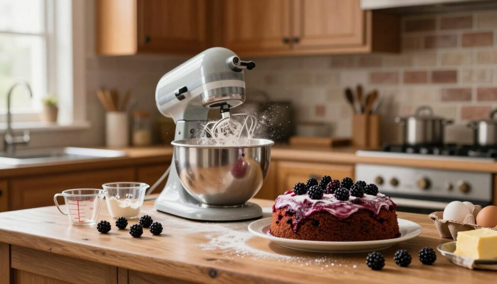 A cozy kitchen scene filled with the essence of baking in preparation for making a Blackberry Velvet Cake. In the foreground, a rustic wooden countertop is adorned with baking tools: a mixing bowl, measuring cups, and fresh blackberries scattered around. The middle ground features a stand mixer with flour dust lightly sprinkled in the air, capturing a moment of motion. In the background, soft ambient lighting bathes the kitchen, highlighting warm wooden cabinets and a brick backsplash. Fresh ingredients like eggs and butter sit on the counter, emanating a feeling of inviting homeliness. Use natural light from a nearby window to create a warm, welcoming atmosphere, suggesting a moment of creativity and anticipation in the baking process.