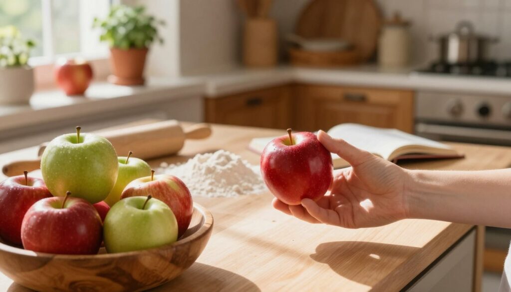 A cozy kitchen scene focused on selecting perfect apples for baking apple cake. In the foreground, a hand gently inspects a shiny red apple, showcasing its smooth surface and vibrant hue. Fresh apples in a rustic wooden bowl are scattered around, highlighting different varieties—some with green specks, others with rich red tones. In the middle ground, a sunlit kitchen countertop is filled with baking essentials: a rolling pin, flour, and an open recipe book. The background features warm wooden cabinetry and potted herbs on a windowsill, creating an inviting atmosphere. Soft, natural light filters through the window, casting gentle shadows, evoking a sense of warmth and home. The composition encourages the viewer to appreciate the freshness and quality of ingredients essential for baking.