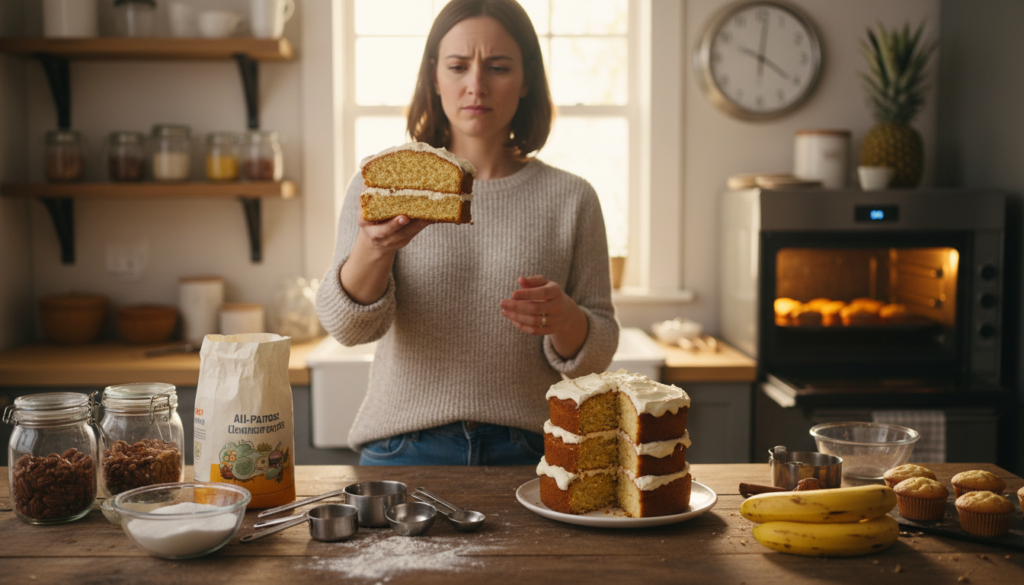 A cozy kitchen scene showcasing a variety of common baking challenges encountered while making a Hummingbird cake. In the foreground, a wooden table is cluttered with baking tools: measuring cups, a spatula, flour, sugar, and ripe bananas, alongside a partially iced cake. In the middle, a skilled baker in modest casual clothing examines a cake with a slight frown, holding a perfectly risen cake layer to showcase texture. In the background, an inviting kitchen with warm lighting highlights a clock, essential ingredients on shelves, and an oven with a batch of cupcakes inside. The atmosphere is warm and encouraging, capturing the essence of problem-solving in baking with soft, natural light and a slightly blurred depth of field to focus on the baker’s thoughtful expression.