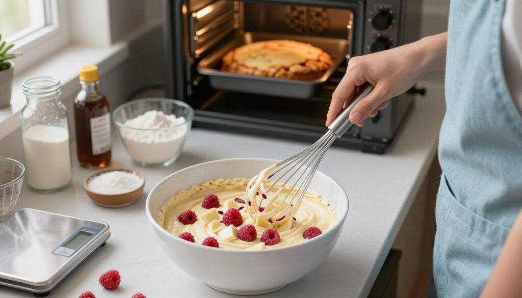 A cozy kitchen scene showcasing the baking process of a white chocolate raspberry cake. In the foreground, a beautiful white mixing bowl filled with a creamy batter, studded with vibrant raspberries and chunks of white chocolate. A hand, clad in a light blue apron, is holding a whisk, mid-motion. The middle ground features a countertop cluttered with ingredients such as flour, sugar, and vanilla extract, along with measuring cups and a digital scale. In the background, a warm oven is slightly ajar, revealing the cake baking inside with a golden crust. Soft, natural light filters in through a window, casting a warm glow on the scene, evoking a homely, inviting atmosphere. The angle is slightly overhead, allowing for a full view of the delicious cake preparation process.