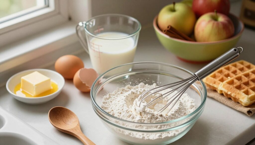 A cozy kitchen scene showcasing the step-by-step preparation of waffle batter. In the foreground, a glass bowl filled with flour, sugar, and baking powder, with a whisk resting against it; a wooden tablespoon sits nearby. The middle ground features a cracked egg and a measuring cup pouring in milk, with a small dish of melted butter to the side. Light streams softly through a window, illuminating the ingredients and creating a warm atmosphere. In the background, a colorful fruit bowl filled with fresh apples and cinnamon sticks hints at the final waffle recipe. Capture this scene from a slight overhead angle, highlighting the textures of the ingredients while maintaining clarity and focus, evoking a sense of culinary delight and homey comfort.