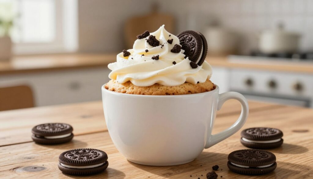 A deliciously fluffy cookies and cream mug cake sits in a charming, white ceramic mug, topped with a generous swirl of creamy frosting and crumbled Oreo cookies. The mug is elegantly placed on a rustic wooden table, with a few whole Oreos artfully scattered around for added visual interest. In the background, a softly blurred kitchen setting features warm, natural light streaming through a window, creating a cozy and inviting atmosphere. The angle is slightly elevated, capturing the texture of the mug cake and the shine of the frosting. The scene evokes a sense of warmth and comfort, inviting the viewer to indulge in this quick sweet treat.
