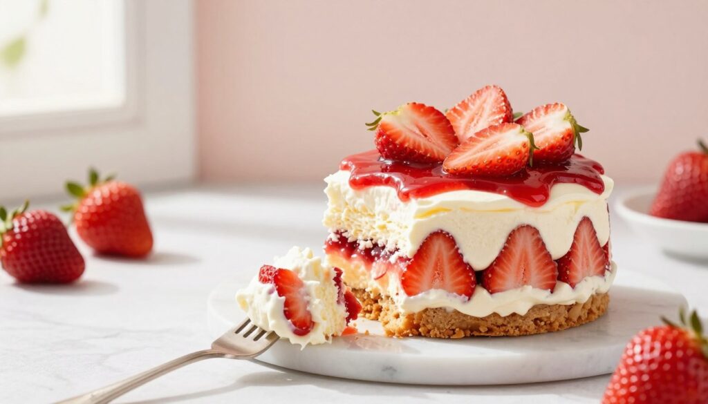 A delightful no-bake strawberry dream dessert placed elegantly on a white marble countertop. The dessert is layered with fluffy whipped cream, fresh strawberries, and a buttery graham cracker crust, topped with vibrant strawberry slices and a drizzle of strawberry sauce. In the foreground, a fork with a single bite of the dessert is poised, invitingly inviting viewers to indulge. In the middle ground, a light, pastel-colored backdrop enhances the freshness of the strawberries, with soft natural lighting casting gentle shadows to create depth and warmth. The sun filters in through a nearby window, adding a soft glow that evokes a cheerful, summery atmosphere. The overall mood is bright and inviting, perfect for showcasing this easy summer treat.