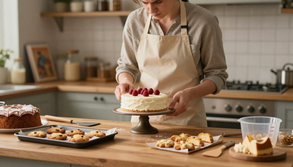 A detailed kitchen scene focused on troubleshooting common baking issues. In the foreground, a wooden kitchen counter displays a variety of baked goods like cakes and cookies, some showing signs of overbaking and uneven rising, alongside useful baking tools like a spatula and measuring cups. In the middle ground, a person wearing a neat apron and modest clothing inspects a white chocolate raspberry cake, furrowing their brow in contemplation. In the background, a warm, softly lit kitchen with shelves filled with baking ingredients and cookbooks creates an inviting atmosphere. The lighting casts soft shadows, enhancing the mood of a dedicated baker solving challenges. The scene captures a sense of warmth and creativity, inviting viewers into the art of baking.