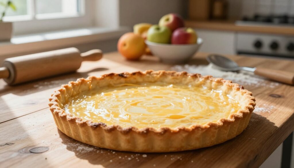 A freshly baked tart crust, golden brown and perfectly shaped, resting on a rustic wooden countertop. The foreground features the delicate, flaky texture of the crust, showcasing its subtle sheen from a light egg wash that highlights the intricate edges. In the middle, there are fine baking tools scattered around, including a rolling pin and a flour-dusted surface, emphasizing the homemade aspect. Soft, natural light filters in from a window, casting gentle shadows that enhance the crust's contours and create a warm, inviting atmosphere. In the background, an assortment of colorful seasonal fruits sits in beautiful bowls, hinting at potential fillings, while a kitchen with simple, cozy decor adds to the warmth of the scene. The overall mood is one of comfort and culinary creativity, perfectly capturing the essence of tradition in tart making. A freshly baked tart crust, golden brown and perfectly shaped, resting on a rustic wooden countertop. The foreground features the delicate, flaky texture of the crust, showcasing its subtle sheen from a light egg wash that highlights the intricate edges. In the middle, there are fine baking tools scattered around, including a rolling pin and a flour-dusted surface, emphasizing the homemade aspect. Soft, natural light filters in from a window, casting gentle shadows that enhance the crust's contours and create a warm, inviting atmosphere. In the background, an assortment of colorful seasonal fruits sits in beautiful bowls, hinting at potential fillings, while a kitchen with simple, cozy decor adds to the warmth of the scene. The overall mood is one of comfort and culinary creativity, perfectly capturing the essence of tradition in tart making.