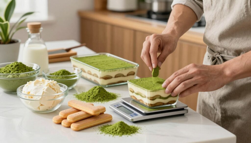 A professionally designed kitchen workspace featuring an organized countertop filled with high-quality ingredients for matcha tiramisu. In the foreground, a chef in modest casual attire skillfully measures matcha powder with precision, using a digital scale. Next to them, an array of ingredients like mascarpone cheese, ladyfinger cookies, and vibrant matcha powder are artfully arranged. The middle ground showcases a prepared dessert in a clear glass dish, layers visible, with a delicate dusting of matcha on top. The background is slightly blurred to emphasize the vibrant colors and textures of the ingredients, with soft, natural lighting that creates a warm and inviting atmosphere. Capture the essence of expert ingredient handling, focusing on timing and care.