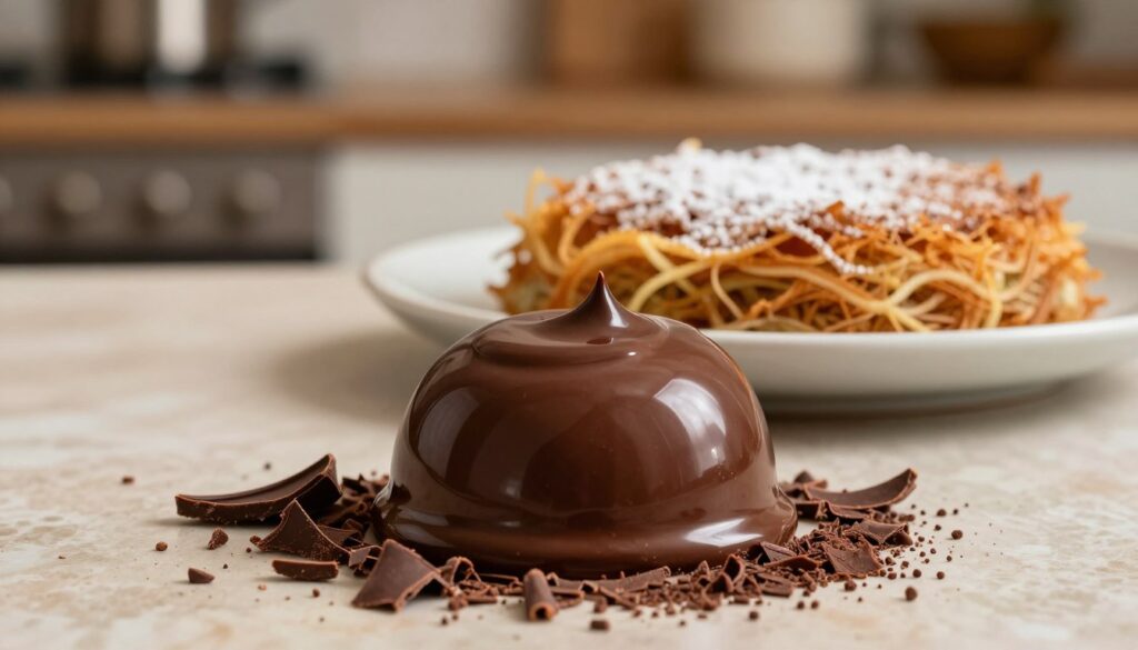A rich, glossy chocolate ganache sits elegantly in the foreground, oozing slightly and reflecting light like liquid silk. Surrounding the ganache, a delicate sprinkle of finely grated dark chocolate and a few chocolate shavings create an enticing texture contrast. In the middle ground, a subtly blurred plate of kunafa, adorned with crispy, golden threads and light dusting of powdered sugar, complements the luxurious ganache. The background features a softly-lit kitchen setting with warm wood accents, while the lighting is warm and inviting, creating a cozy and indulgent atmosphere. The image is captured from a slightly elevated angle, emphasizing the texture and shine of the ganache against the inviting backdrop, evoking a sense of culinary artistry and decadence. A rich, glossy chocolate ganache sits elegantly in the foreground, oozing slightly and reflecting light like liquid silk. Surrounding the ganache, a delicate sprinkle of finely grated dark chocolate and a few chocolate shavings create an enticing texture contrast. In the middle ground, a subtly blurred plate of kunafa, adorned with crispy, golden threads and light dusting of powdered sugar, complements the luxurious ganache. The background features a softly-lit kitchen setting with warm wood accents, while the lighting is warm and inviting, creating a cozy and indulgent atmosphere. The image is captured from a slightly elevated angle, emphasizing the texture and shine of the ganache against the inviting backdrop, evoking a sense of culinary artistry and decadence.