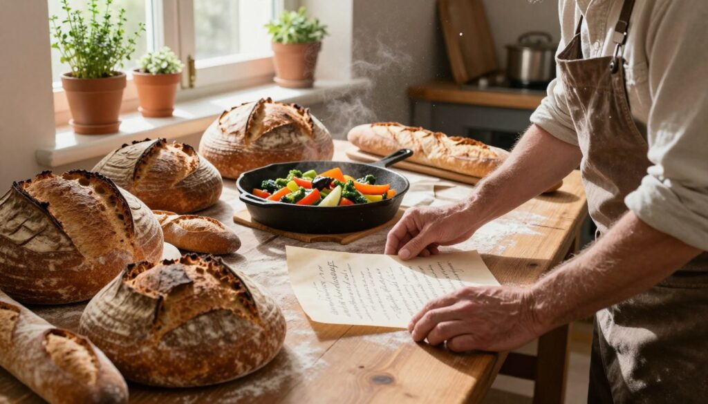 A rustic kitchen setting, featuring a wooden table adorned with a variety of sourdough bread loaves, including round boules and baguettes with a crumbly crust. In the foreground, a artisan baker, a middle-aged person in modest casual clothing, is thoughtfully examining a handwritten recipe on parchment paper, with flour dust softly floating in the air. The middle ground showcases a cast iron skillet filled with vibrant sautéed vegetables next to a loaf of freshly baked sourdough, inviting the viewer to explore the delicious possibilities. In the background, warm sunlight streams through an open window, creating a cozy and welcoming atmosphere, with herbs in pots lining the windowsill, enhancing the earthy ambiance. The image captures the artistry and joy of baking with sourdough.
